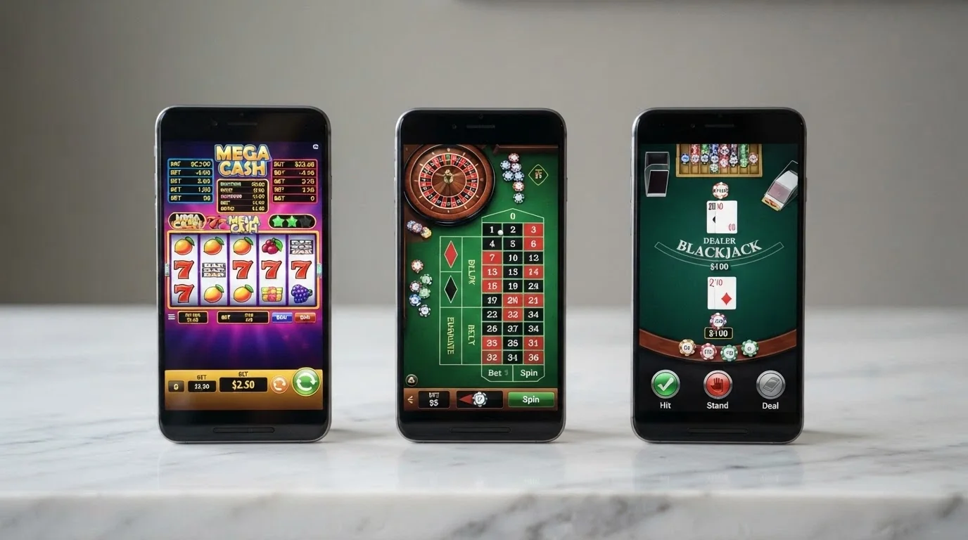 Tre iPhone affiancati con tre diverse app casinò aperte sulla schermata principale a confronto