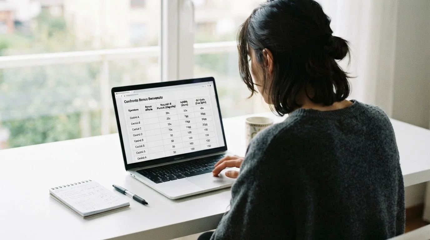 Tabella comparativa delle offerte di benvenuto dei casinò online con licenza ADM, con colonne per bonus, wagering, validità e giri gratis