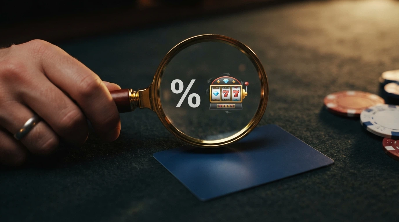 Una lente di ingrandimento posata su una carta di credito e una slot machine stilizzata, con icone che rappresentano bonus percentuali, giri gratuiti e requisiti di puntata