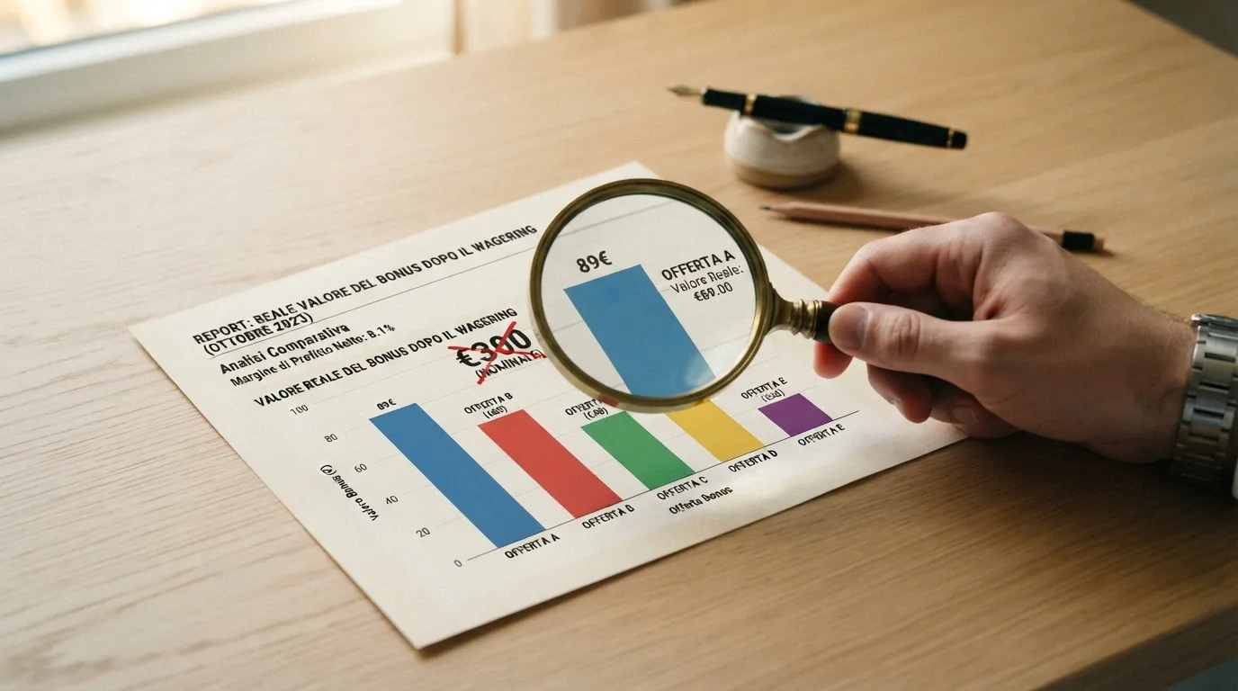 Una tabella comparativa stilizzata con righe per ogni operatore e colonne per bonus, wagering, validità e cap prelievo, con un indicatore visivo di valore reale.