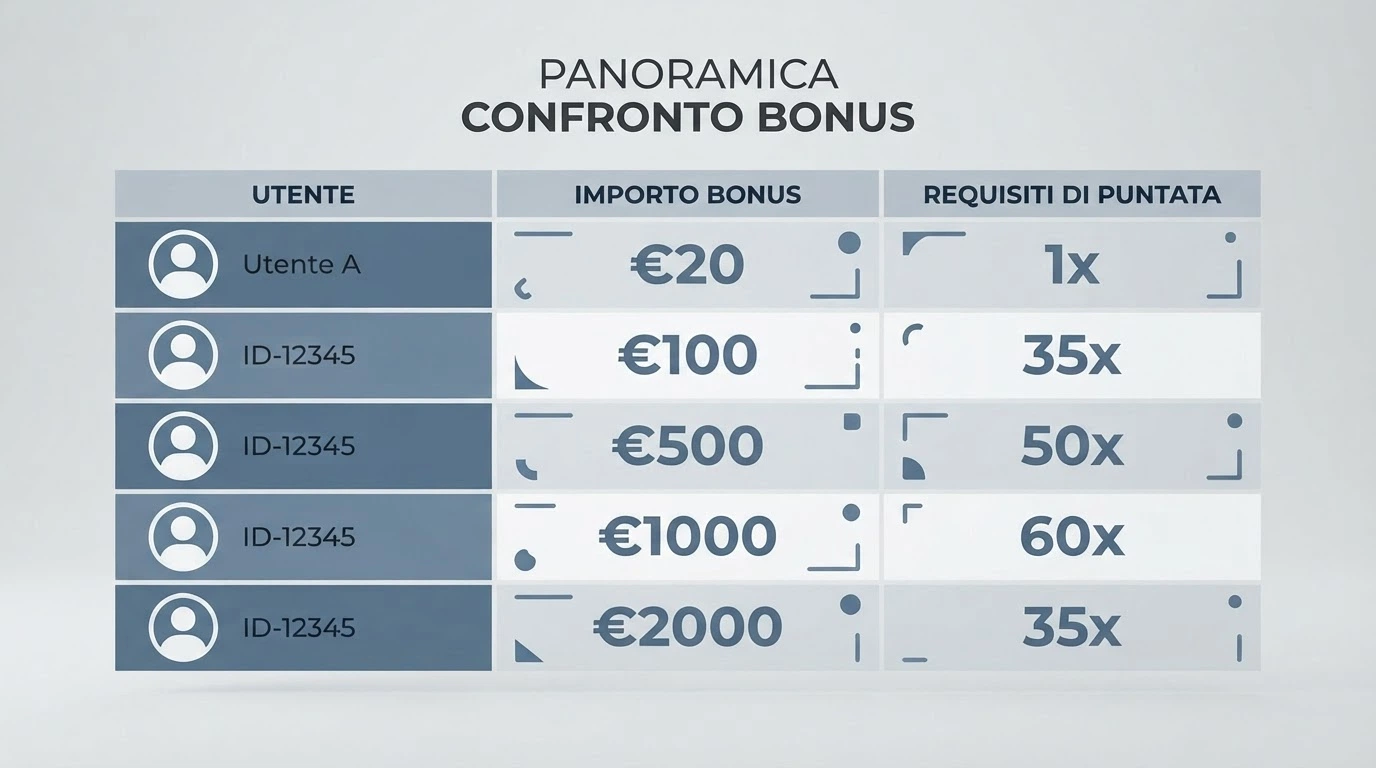 Una tabella comparativa stilizzata con loghi di operatori e accanto le cifre dei rispettivi bonus senza deposito