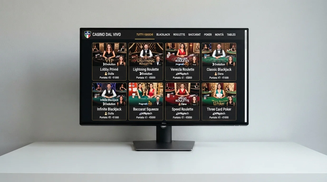 Una schermata che mostra l'interfaccia di un casinò live dealer con la lobby dei tavoli, i filtri per gioco e provider, e l'indicazione della licenza ADM in alto