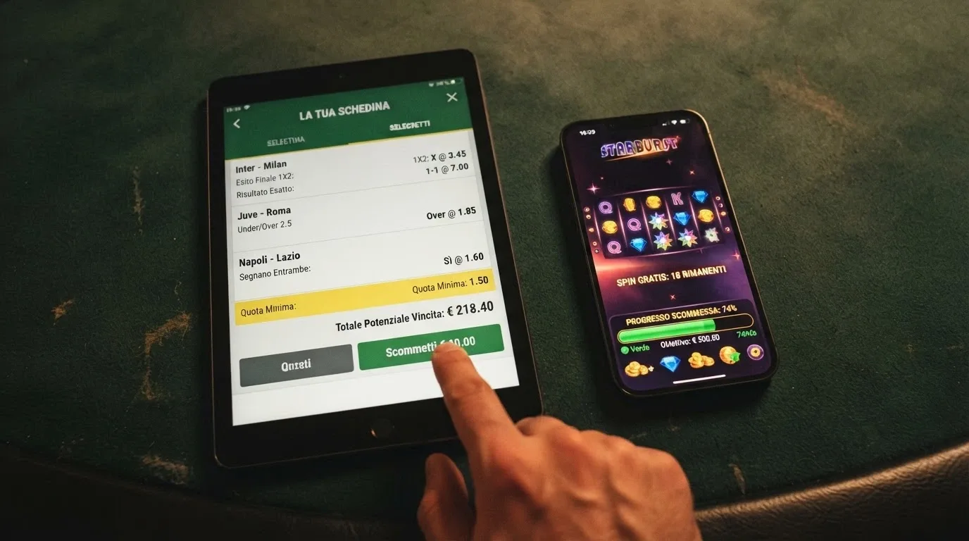 Due schermate affiancate: a sinistra un bonus scommesse con requisito di quota minima evidenziato, a destra un bonus casinò con giri gratuiti e wagering indicato