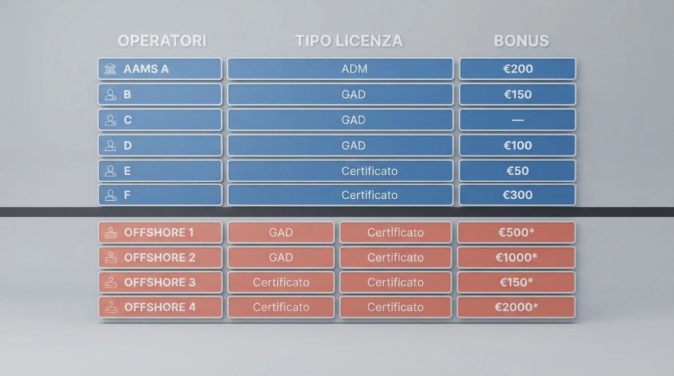 Una griglia con dieci operatori e le colonne di licenza e bonus