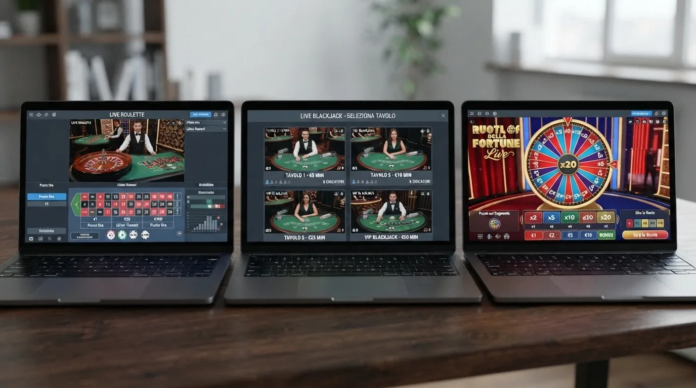 Schermata comparativa stilizzata di tre interfacce di casinò dal vivo affiancate, con lobby giochi, tavoli e croupier visibili in ciascuna