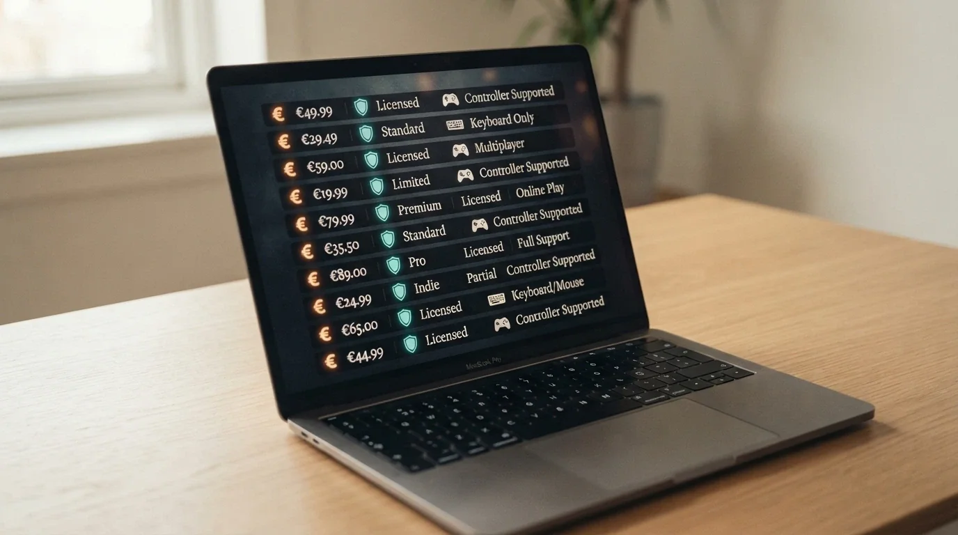 Una tabella comparativa stilizzata con dieci righe e icone di criptovalute, licenze e giochi, illuminata da uno schermo di laptop su una scrivania
