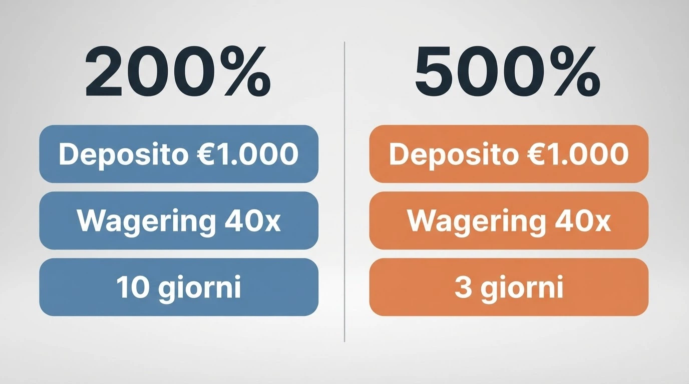 Due colonne affiancate mettono a confronto un bonus 200% con uno 500%, evidenziando importo, wagering e giorni di validità con colori diversi