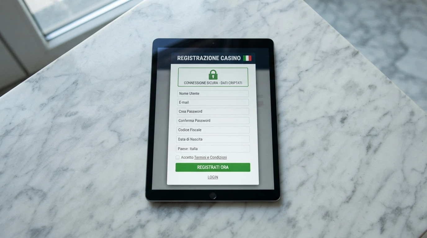 La schermata di registrazione su un sito di casinò con licenza estera, affiancata dal simbolo di un lucchetto e dalla bandiera italiana