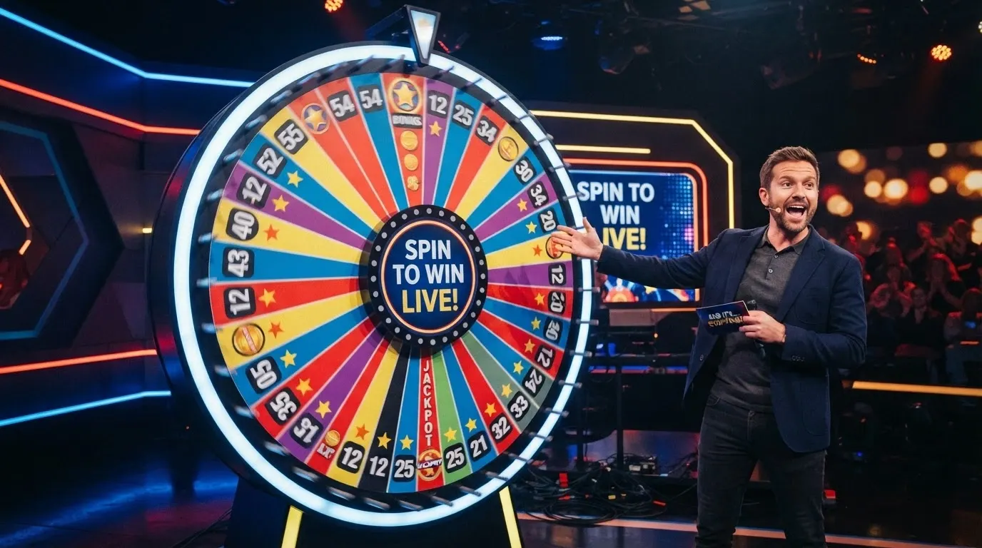 La ruota del Crazy Time in rotazione con il presentatore in piedi accanto, i segmenti colorati e i valori dei moltiplicatori ben visibili
