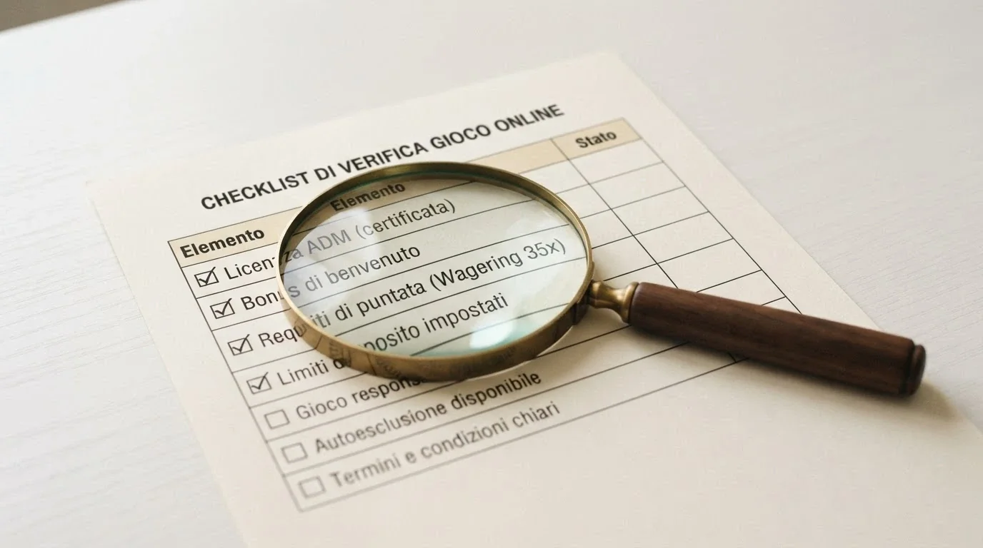 Una lente di ingrandimento su una lista di controllo con voci come licenza ADM, bonus, wagering e gioco responsabile