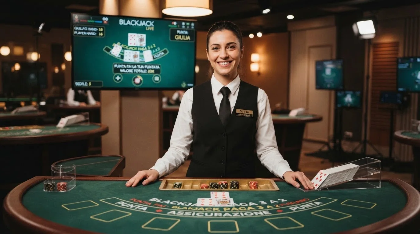 Croupier in divisa che sorride verso la telecamera, sullo sfondo un tavolo da blackjack con interfaccia in italiano visibile su schermo