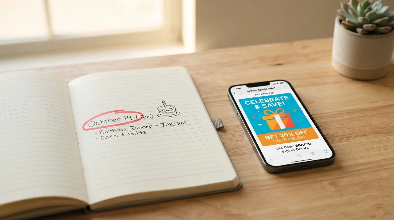 Un calendario con una data di compleanno cerchiata in rosso accanto allo schermo di uno smartphone che mostra la schermata promozioni di un casinò online