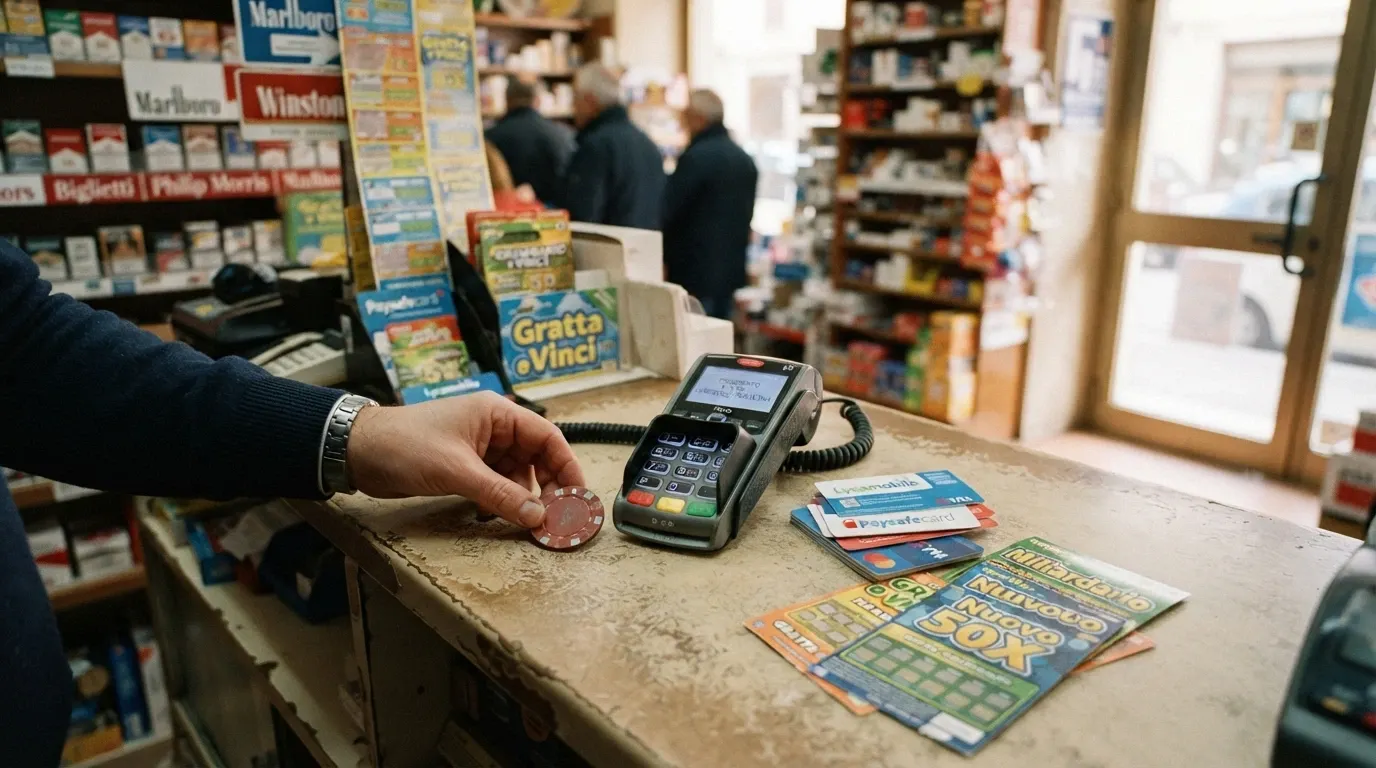Terminale di pagamento in un punto vendita fisico con logo SisalPay o simile, una persona inserisce contanti