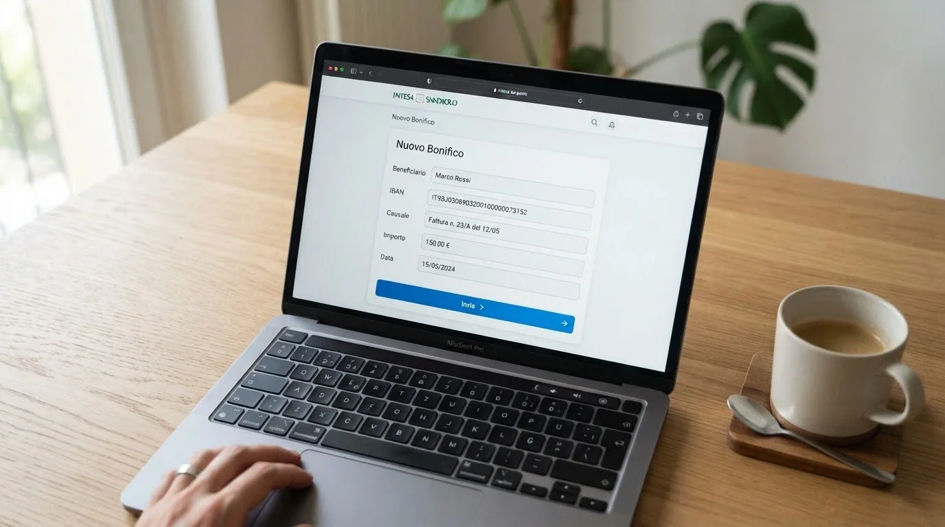 Uno schermo di computer che mostra i campi di un bonifico bancario online compilati — IBAN del casinò, causale, importo — con il pulsante «Invia» illuminato