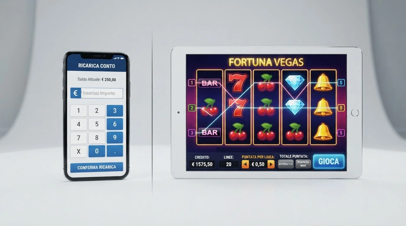 Due riquadri affiancati: a sinistra la schermata di ricarica di un conto gioco, a destra l'interfaccia di una slot machine con il selettore della puntata per linea