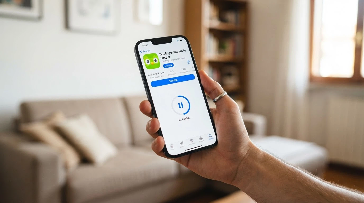 Pagina dell'App Store italiano con il pulsante di download di un'app casinò e la schermata di installazione in corso su iPhone