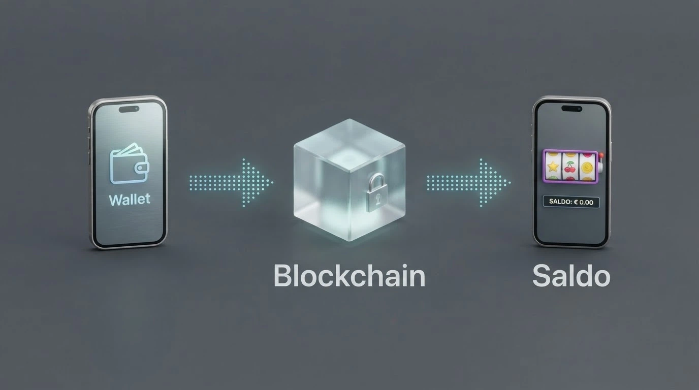 Un diagramma del percorso di una transazione ETH: dal wallet del giocatore alla blockchain fino al saldo del casinò