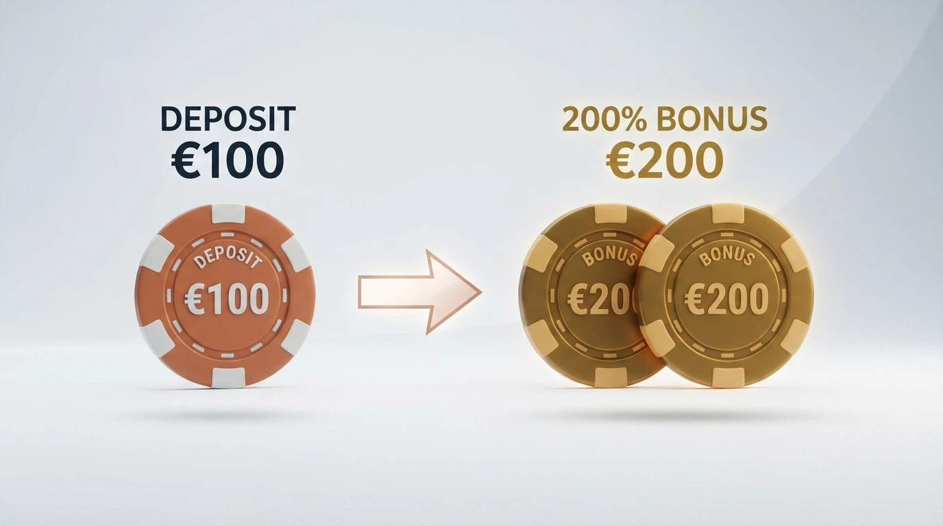 Schema visivo che mostra un deposito di 100€ trasformato in 300€ dal match del 200%, con la porzione bonus evidenziata in un colore diverso
