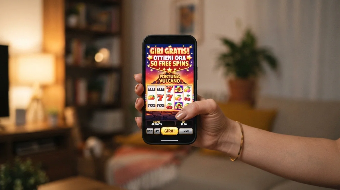 Uno smartphone che mostra l'interfaccia mobile di un casinò online con una promozione free spin attiva sullo schermo