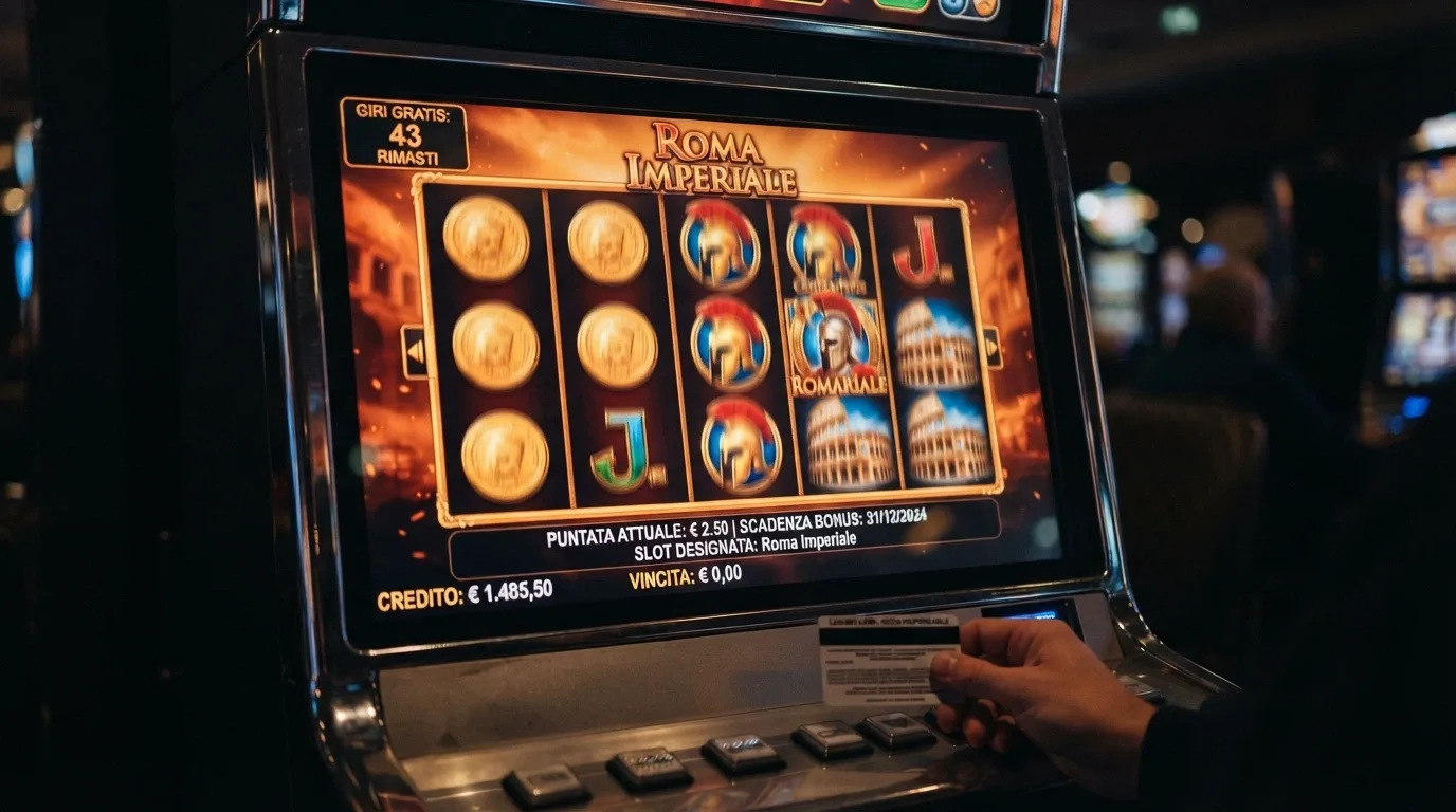 Una slot machine online con il contatore dei giri gratuiti attivo e un riquadro che mostra le condizioni: wagering sulle vincite, scadenza, slot designata.