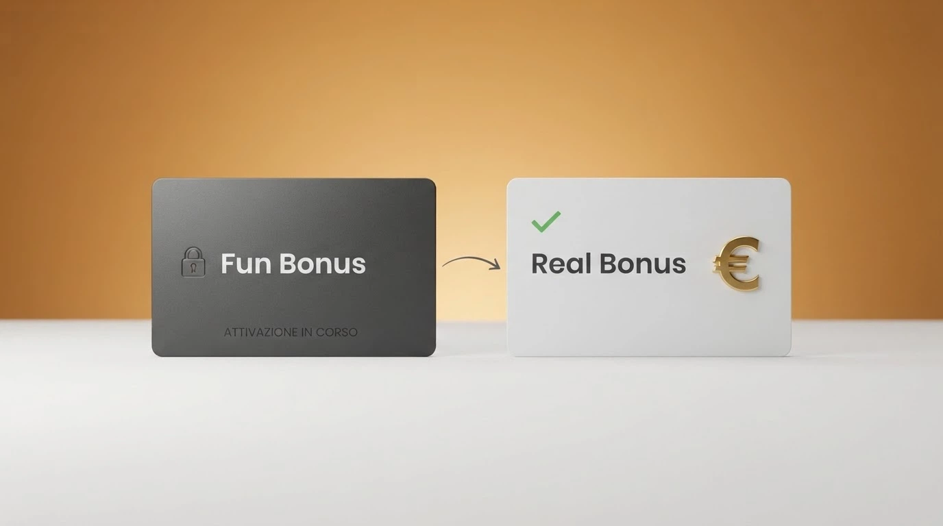 Due colonne affiancate: a sinistra un credito virtuale etichettato «Fun Bonus» con un lucchetto, a destra una somma in denaro etichettata «Real Bonus» con un segno di spunta.