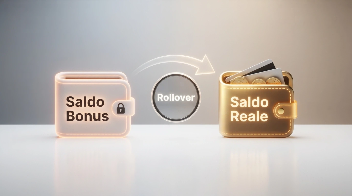 Due portafogli digitali affiancati: uno etichettato «Saldo Bonus» con lucchetto, l'altro «Saldo Reale» senza lucchetto, con una freccia che va dal primo al secondo attraversando un filtro etichettato «Rollover»