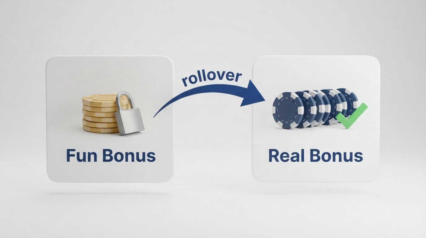 Due riquadri affiancati: il primo mostra monete stilizzate con un lucchetto («Fun Bonus»), il secondo banconote con un segno di spunta verde («Real Bonus»), separati da una freccia che indica il passaggio da uno all'altro con la scritta «rollover».