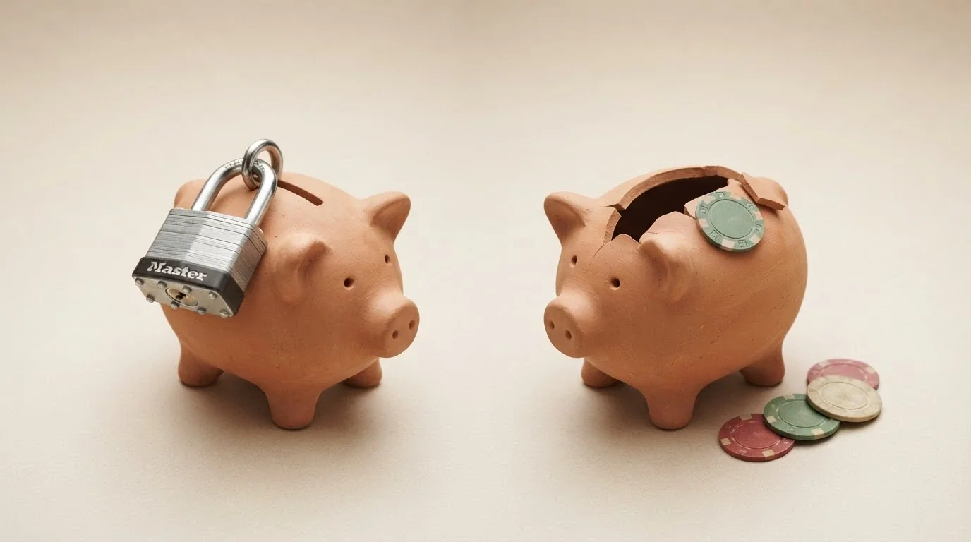 Due colonne affiancate: a sinistra un salvadanaio con lucchetto (Fun Bonus, non prelevabile), a destra un salvadanaio aperto con banconote (Real Bonus, prelevabile dopo wagering)