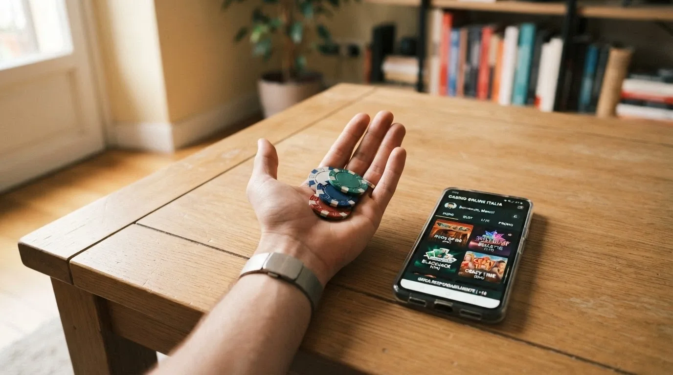 Una mano che tiene poche monete accanto a uno smartphone che mostra la home di un casinò ADM — il gesto è di chi ha appena fatto una scelta consapevole
