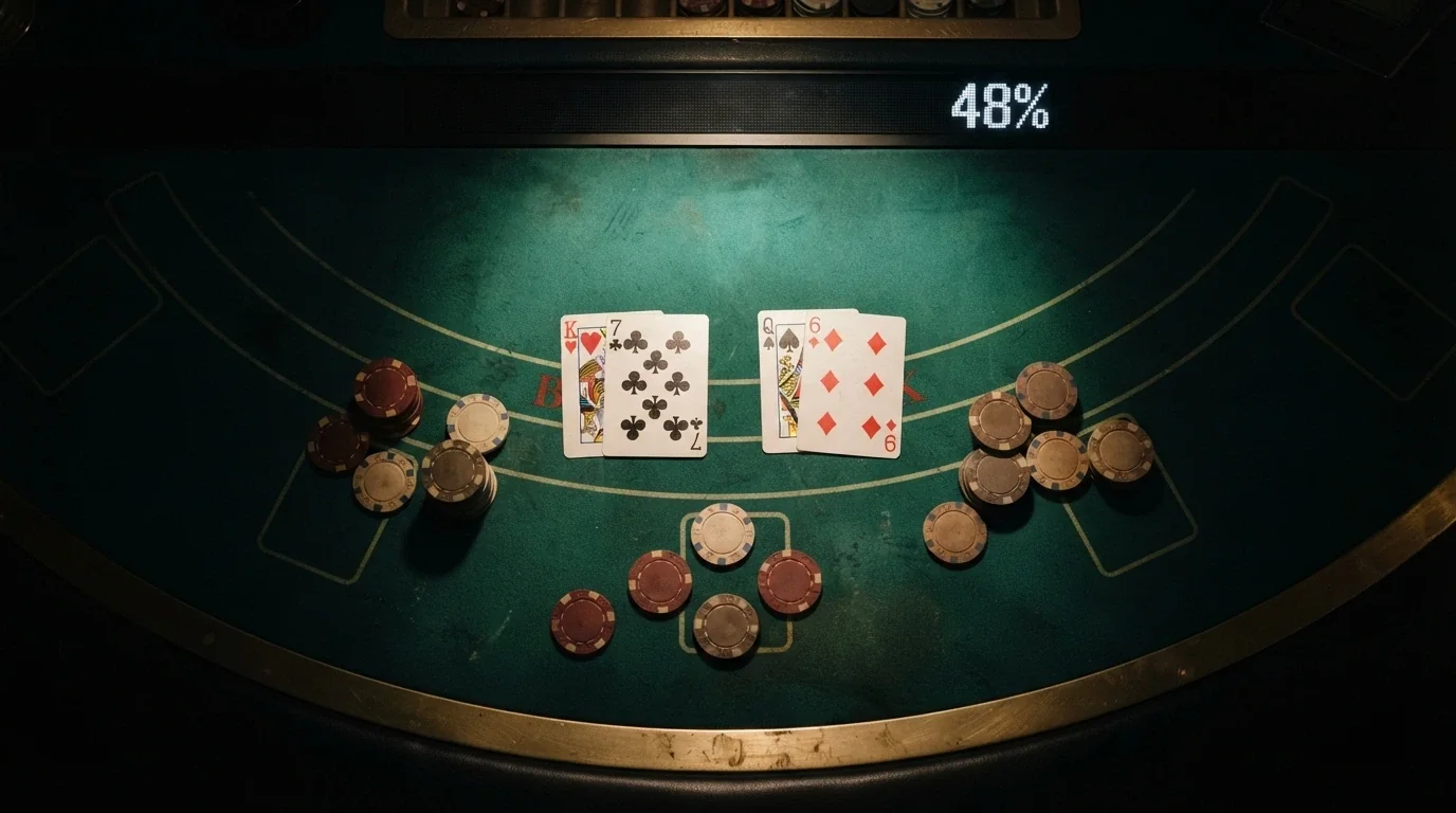 Un tavolo da blackjack in un ambiente live casino con un overlay grafico che confronta le percentuali di RTP di slot, roulette e blackjack