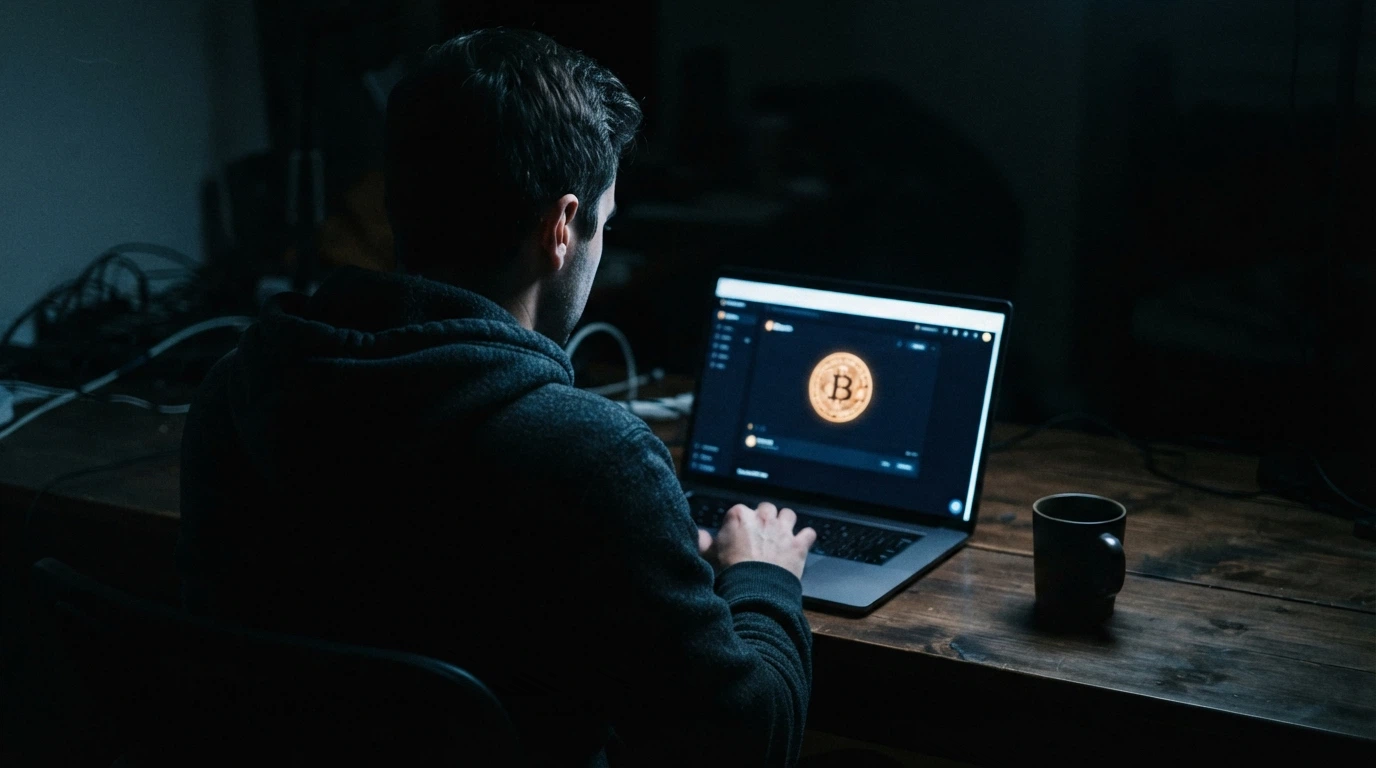 Una persona seduta al buio davanti a uno schermo, con il riflesso di una transazione Bitcoin sul volto — il viso resta nell'ombra