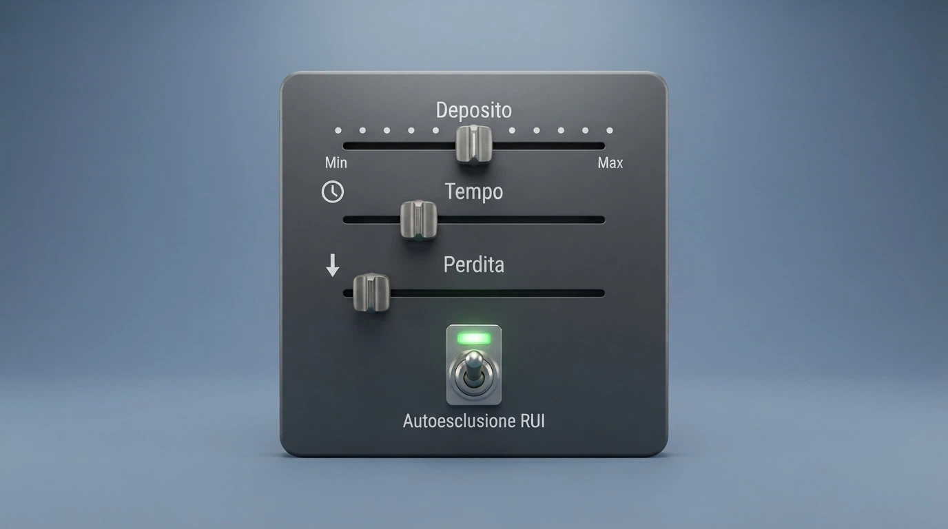 Un pannello di controllo con slider etichettati «Deposito», «Tempo», «Perdita», più un interruttore «Autoesclusione RUI» in posizione ON