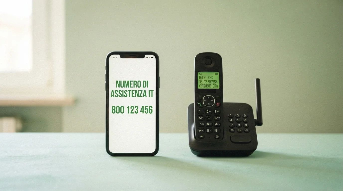 Un telefono fisso e uno smartphone affiancati con i numeri verdi 800 558 822 e 800 940 789 in evidenza, su uno sfondo rassicurante verde chiaro