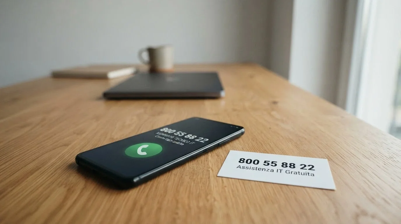Un telefono con la cornetta staccata accanto a un biglietto con il numero 800 55 88 22, su una scrivania ordinata