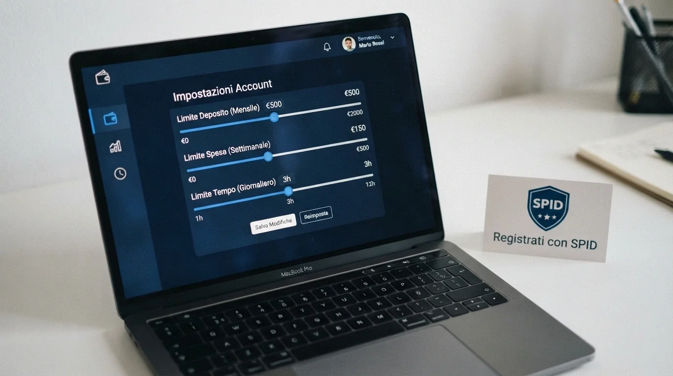 Un'interfaccia di area riservata di un casinò con tre cursori visibili — limite di deposito, limite di spesa, limite di tempo — e accanto il logo RUA con la scritta «Registrati con SPID».
