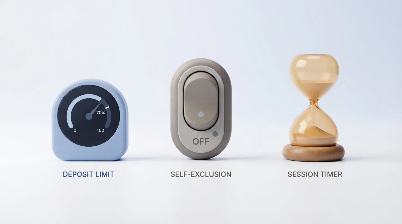 Le icone dei principali strumenti di protezione: limite di deposito, autoesclusione, timer di sessione.