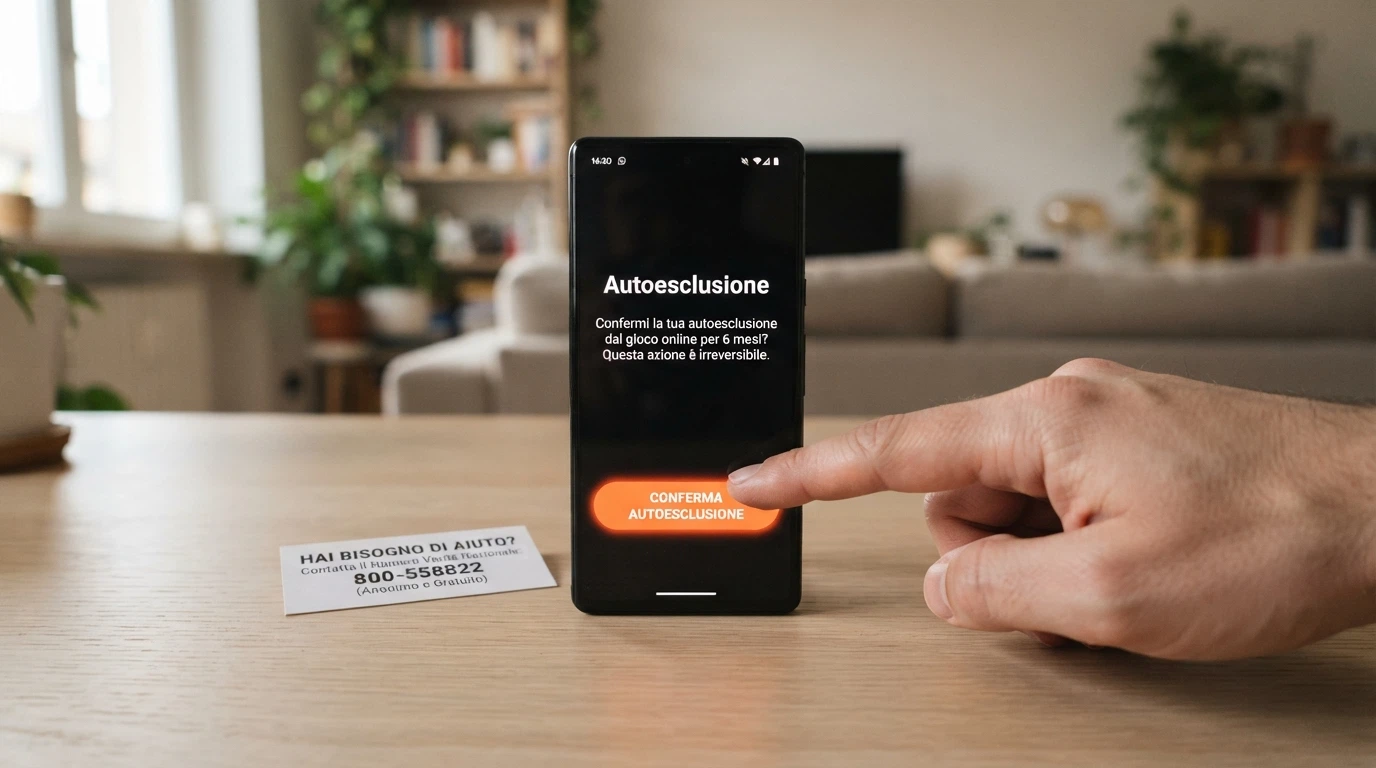 Una mano che preme il tasto «Autoesclusione» sullo schermo di un portale ADM, con a fianco il numero verde per il gioco responsabile