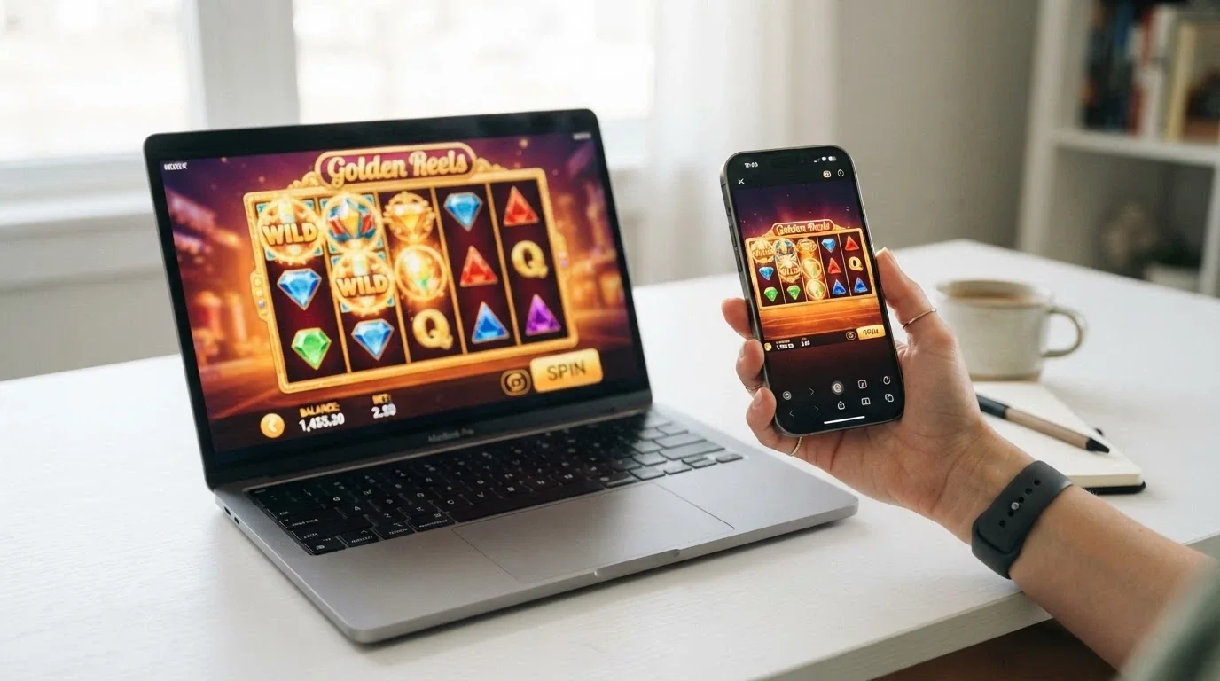 Lo stesso rullo di slot visualizzato affiancato su due dispositivi — un laptop sulla scrivania e uno smartphone in mano — con l'interfaccia identica.