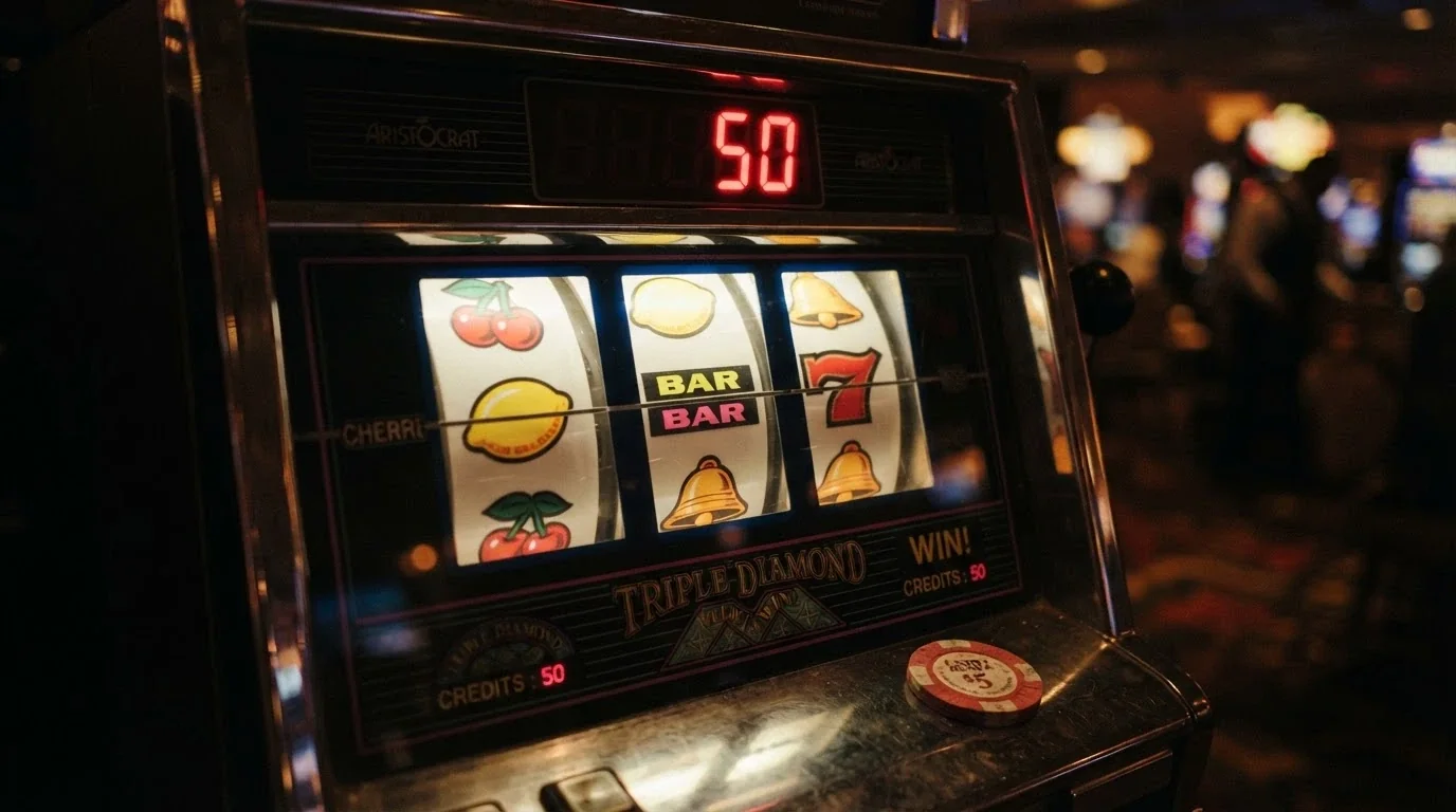 Una slot machine in primo piano con il contatore dei giri gratuiti che segna «50» e una moneta da 10 centesimi sovrapposta al display.