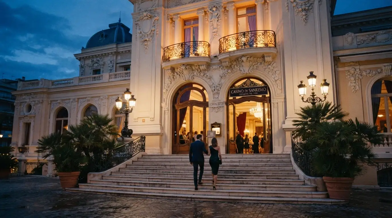 L'ingresso principale del Casinò di Sanremo con visitatori in abbigliamento elegante