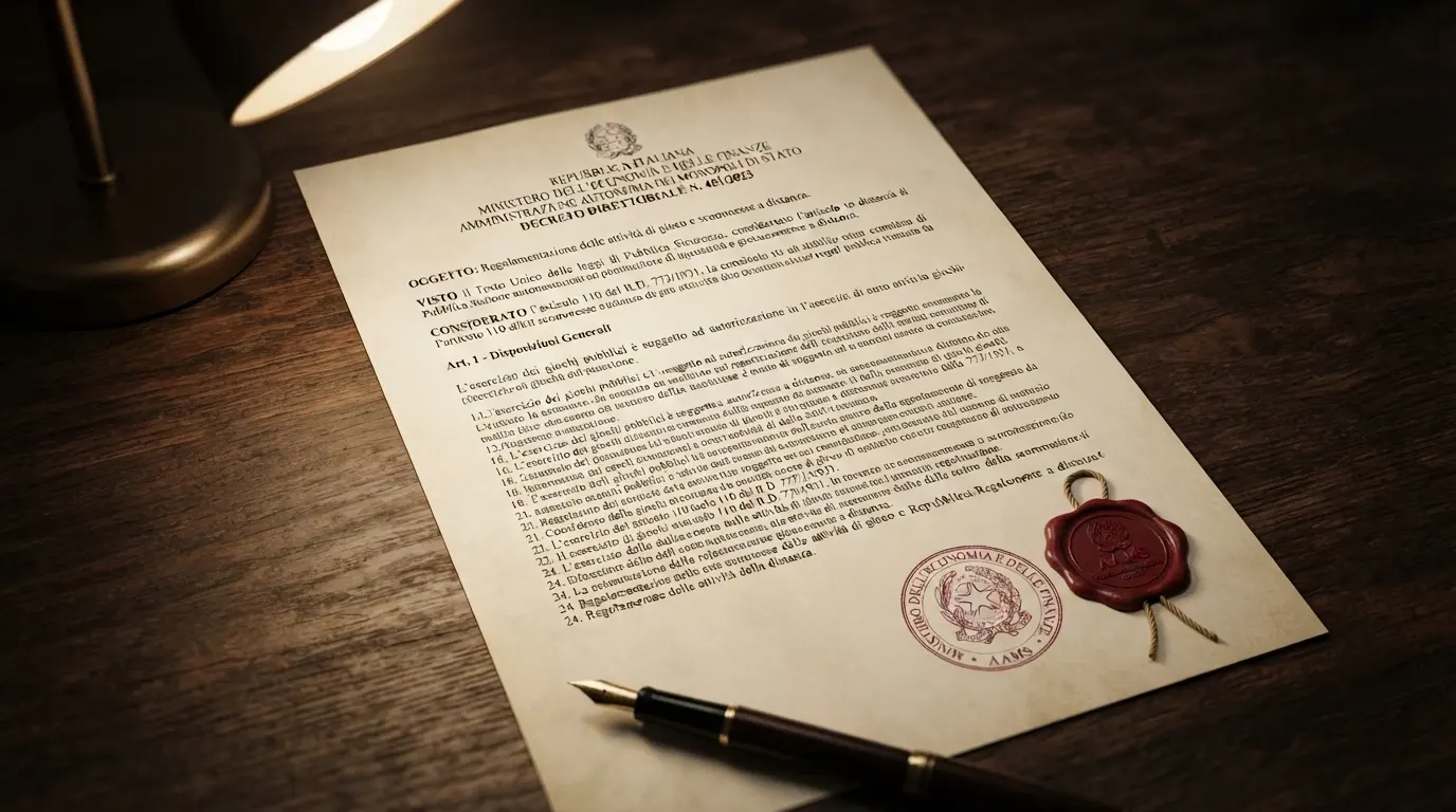 Il testo della normativa italiana sul gioco a distanza con il sigillo ufficiale ADM in evidenza a lato