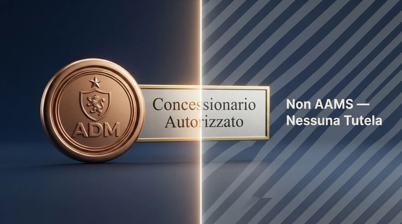 Un sigillo ufficiale ADM stilizzato accanto alla scritta «Concessionario Autorizzato», con una linea di demarcazione che separa la zona «Mercato Regolamentato» da quella «Non AAMS — Nessuna Tutela»