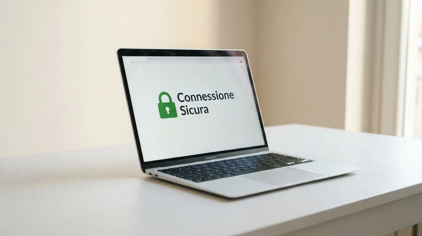 Il logo ufficiale ADM accanto al lucchetto verde di un browser, con la scritta «connessione sicura» in italiano, su schermo di un laptop