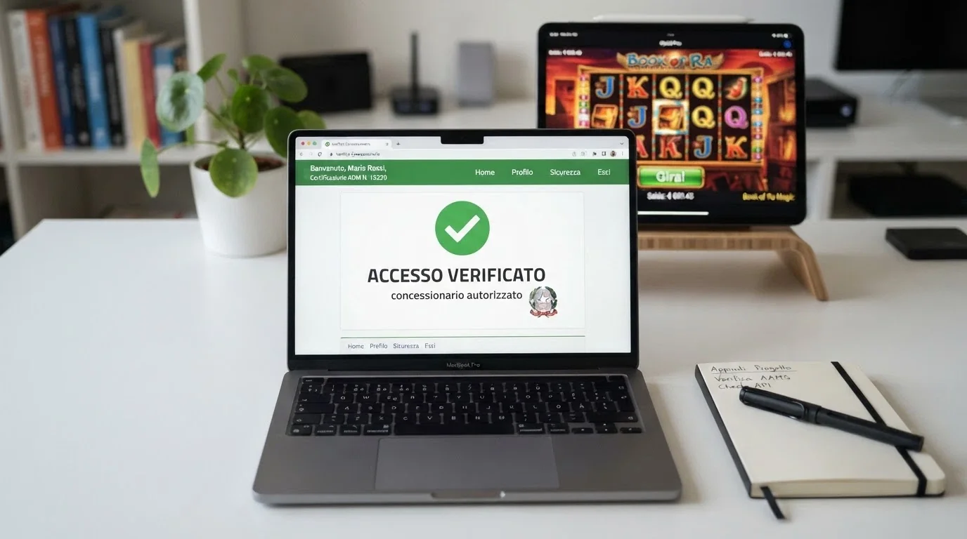 Il logo ufficiale dell'ADM accanto alla scritta «Concessionario autorizzato» sullo schermo di un dispositivo, con l'interfaccia di un casinò sullo sfondo