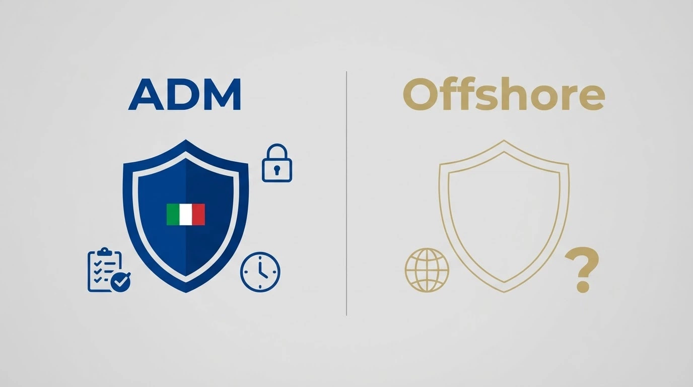 Un'infografica a due colonne che contrappone il logo ADM e la bandiera italiana a sinistra al simbolo di una licenza offshore a destra