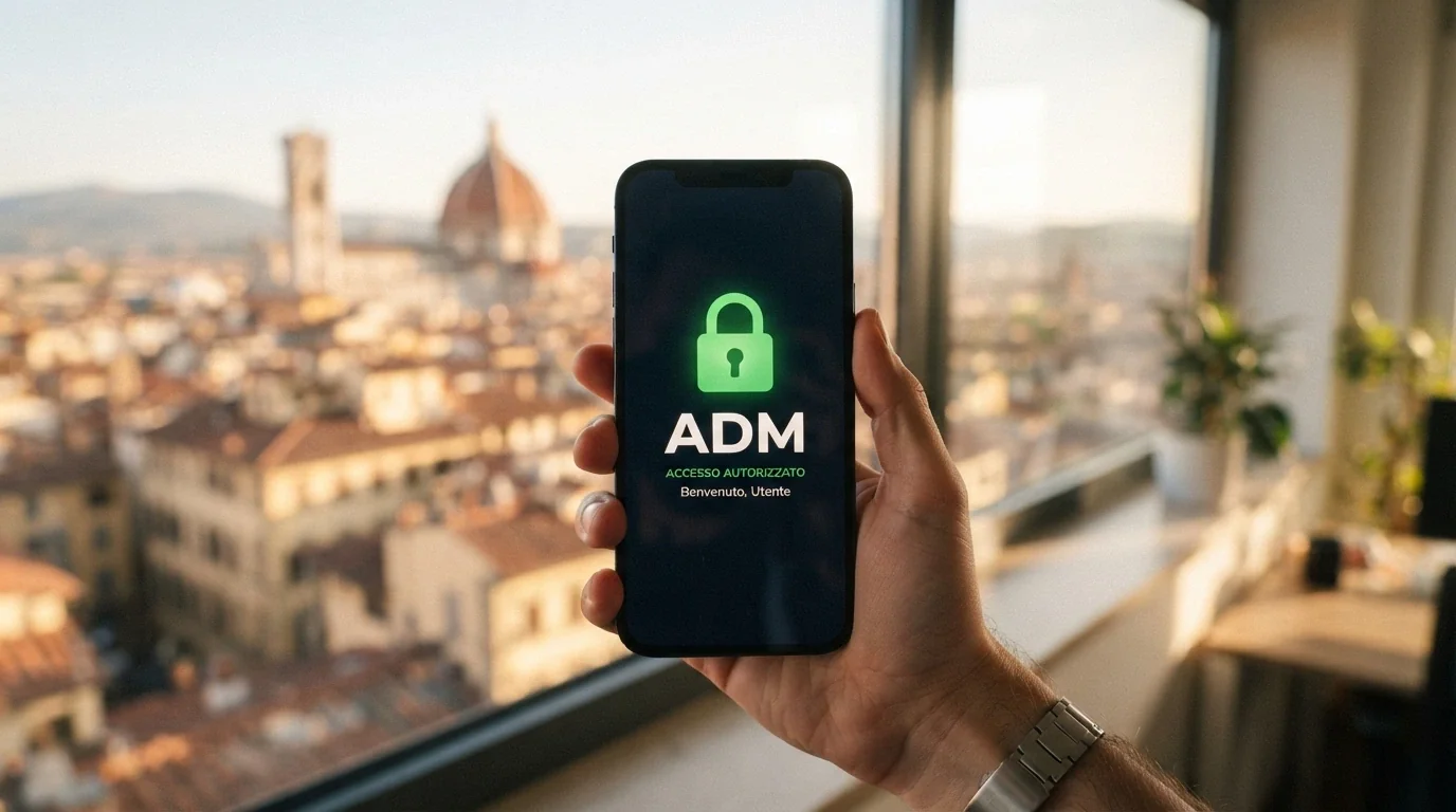 Un telefono che mostra un lucchetto verde con la scritta «ADM» al centro e, sullo sfondo, il logo dell'Agenzia delle Dogane e dei Monopoli