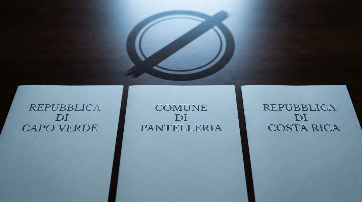 Tre documenti di licenza affiancati su uno sfondo scuro, con i nomi Curaçao, Anjouan e Costa Rica visibili in caratteri distinti, e il logo ADM barrato in secondo piano