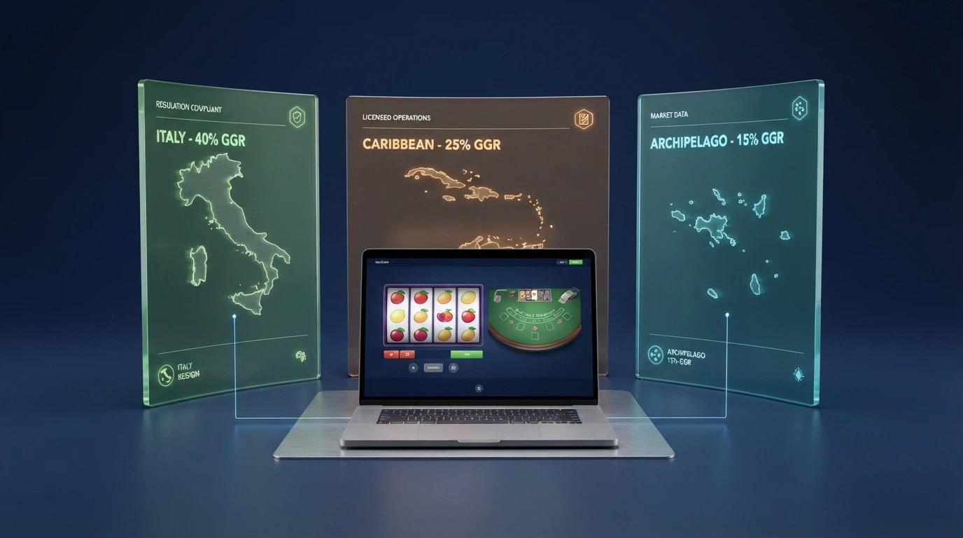Una mappa concettuale che mostra le tre giurisdizioni (Italia/ADM, Curaçao, Anjouan) con linee di collegamento verso un computer che mostra un casinò online