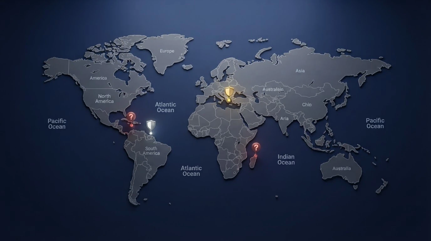 Una mappa stilizzata del mondo con quattro puntine colorate su Malta, Curaçao, Anjouan e Costa Rica, ciascuna con un'icona diversa (scudo pieno, scudo mezzo, punto interrogativo)