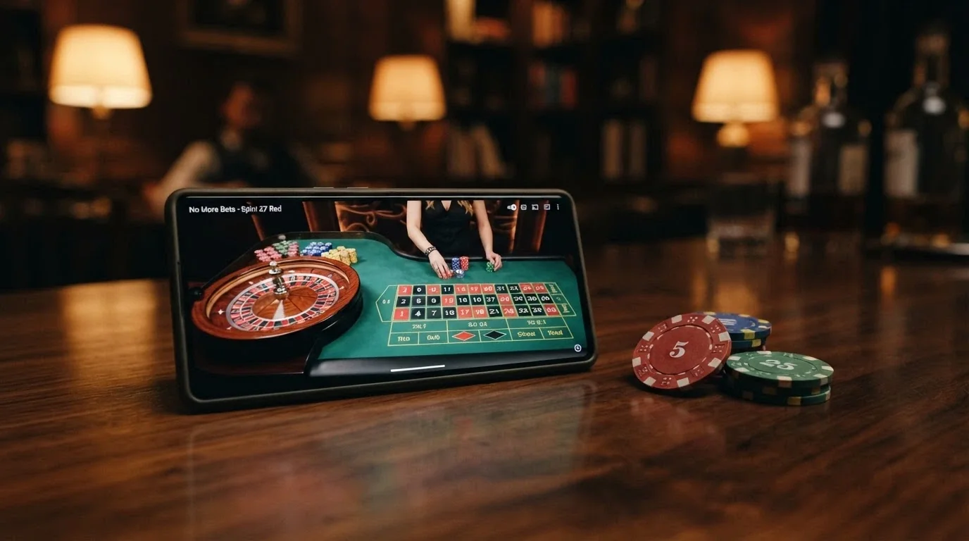iPhone in orizzontale con un tavolo di roulette live in streaming HD e l'interfaccia puntate touch